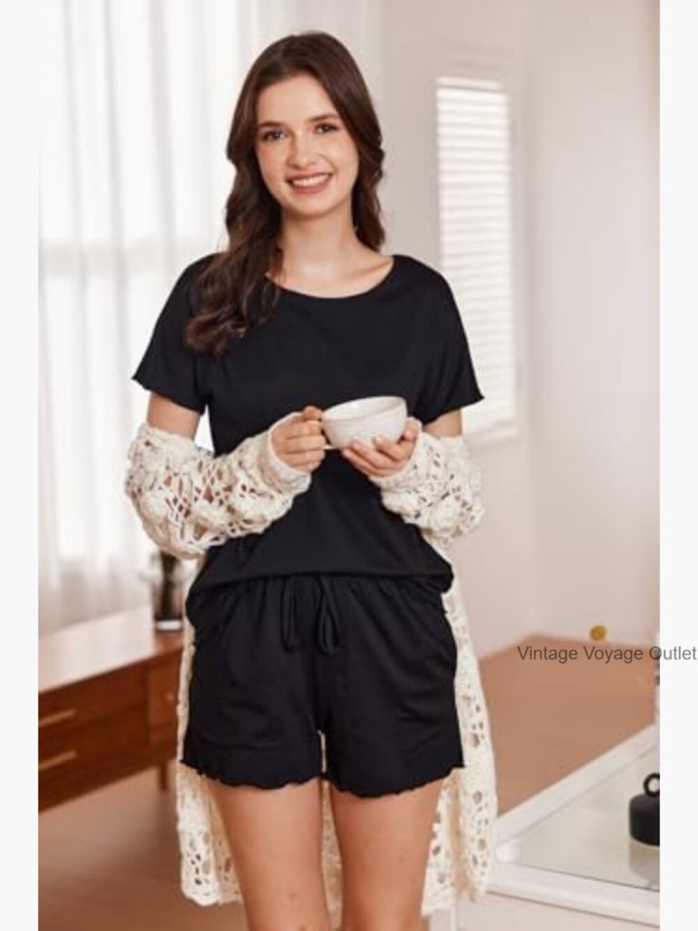 Soft Pajama Set with Pockets, Short Sleeve Lounge Wear, Medium Size - Picture 3 of 7